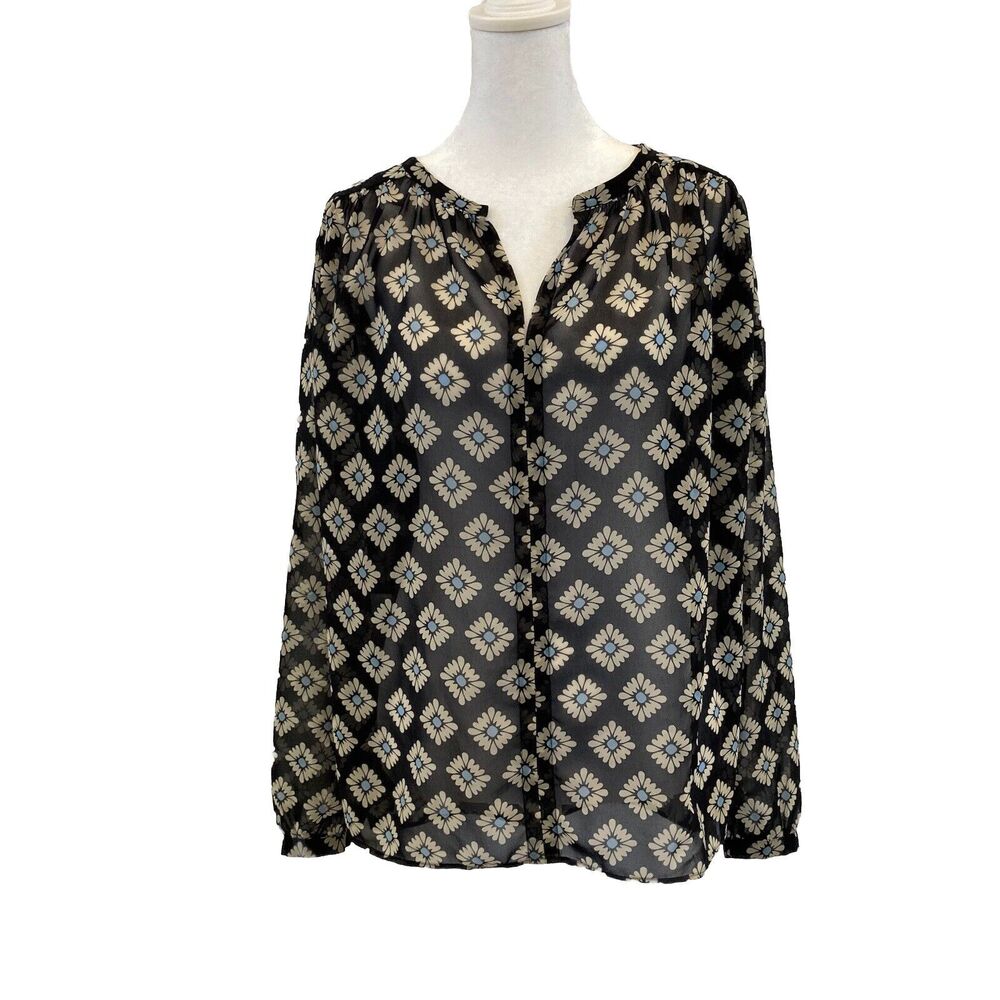 LOFT Ann Taylor Women Top Small Blue Sheer V-neck Long Sleeve Blouse